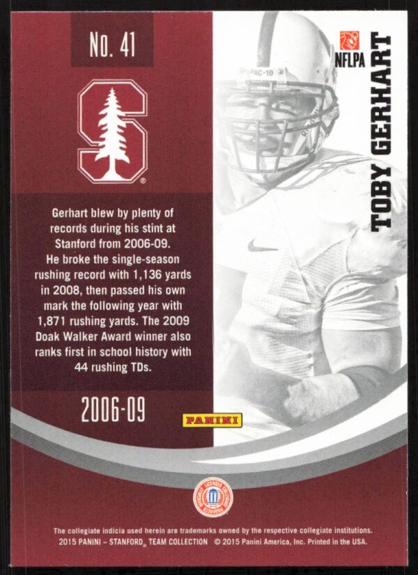 2015 Panini Stanford University Toby Gerhart #41 (Back)