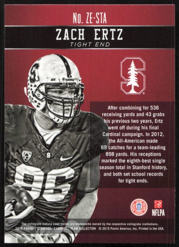 2015 Panini Stanford University Zach Ertz Honors #ZE-STA (Back)