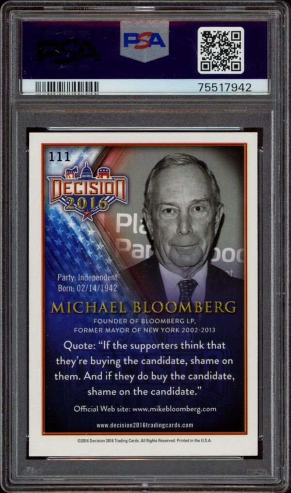 PSA-graded Decision 2016 trading card featuring Michael Bloomberg in mint condition.