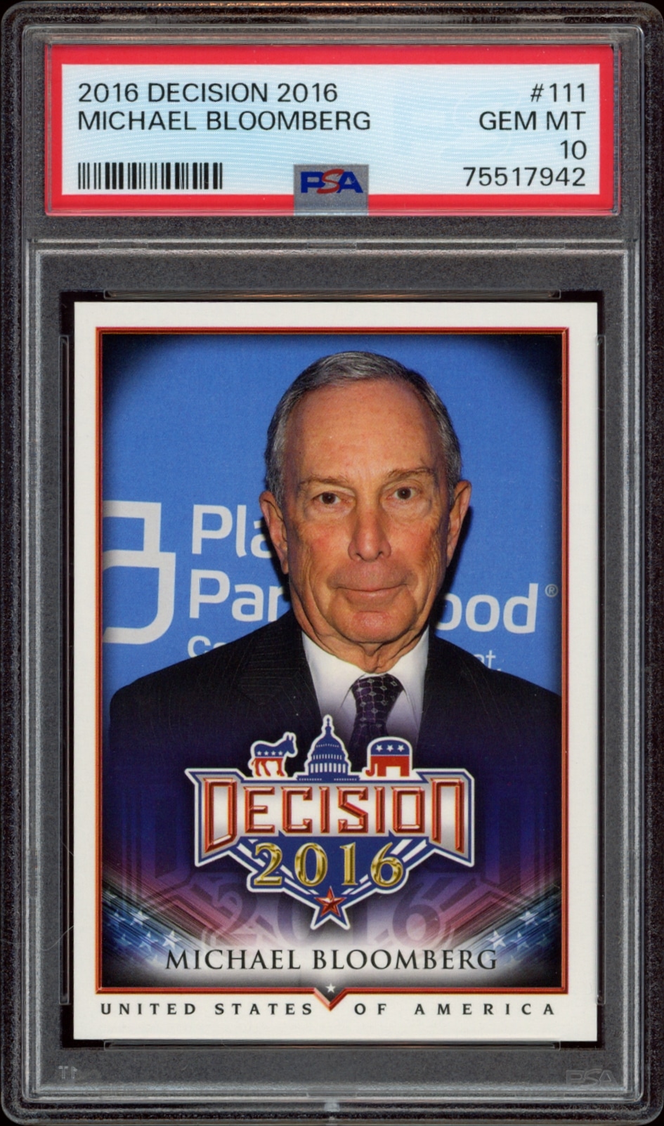 2016 Leaf Decision trading card featuring Michael Bloomberg, rated PSA 10.