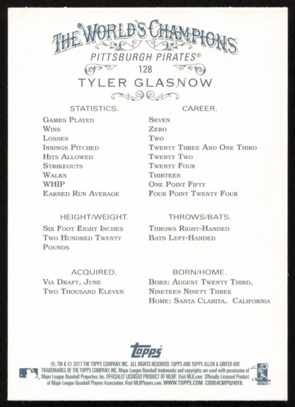 2017 Topps Allen & Ginter Tyler Glasnow #128 (Back)