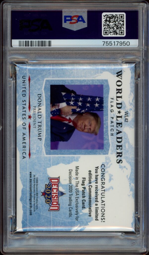 2020 Leaf Decision promo card featuring Donald Trump and American flag patch.