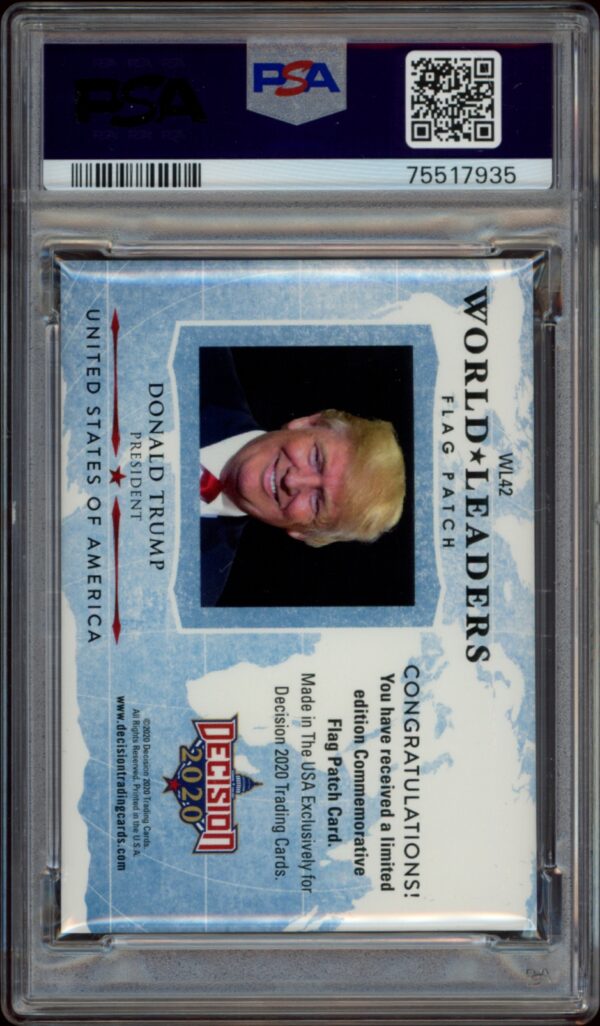 Graded PSA collectible card featuring Donald Trump from 2020 Leaf Decision World Leaders series.