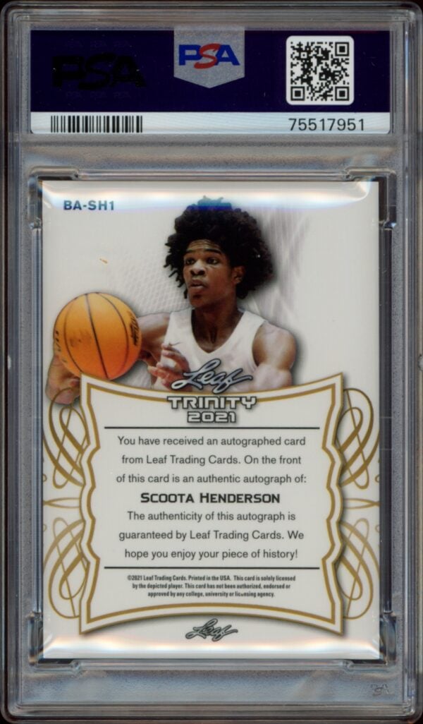 Scoota Henderson action shot on 2021-22 Leaf Trinity Update card, PSA 9 graded with autograph.