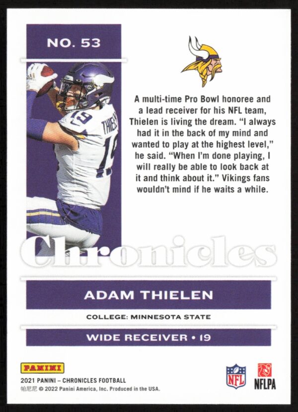 2021 Panini Chronicles Adam Thielen #53 (Back)