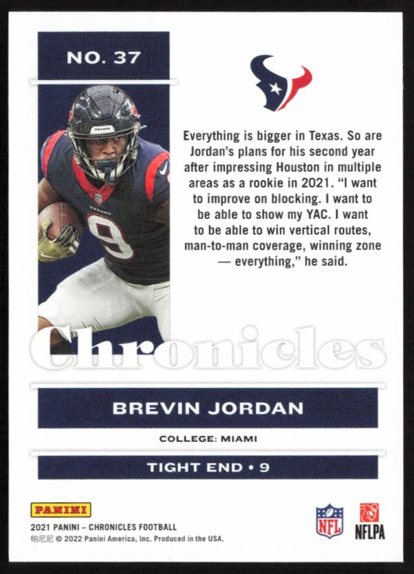 2021 Panini Chronicles Brevin Jordan #37 (Back)