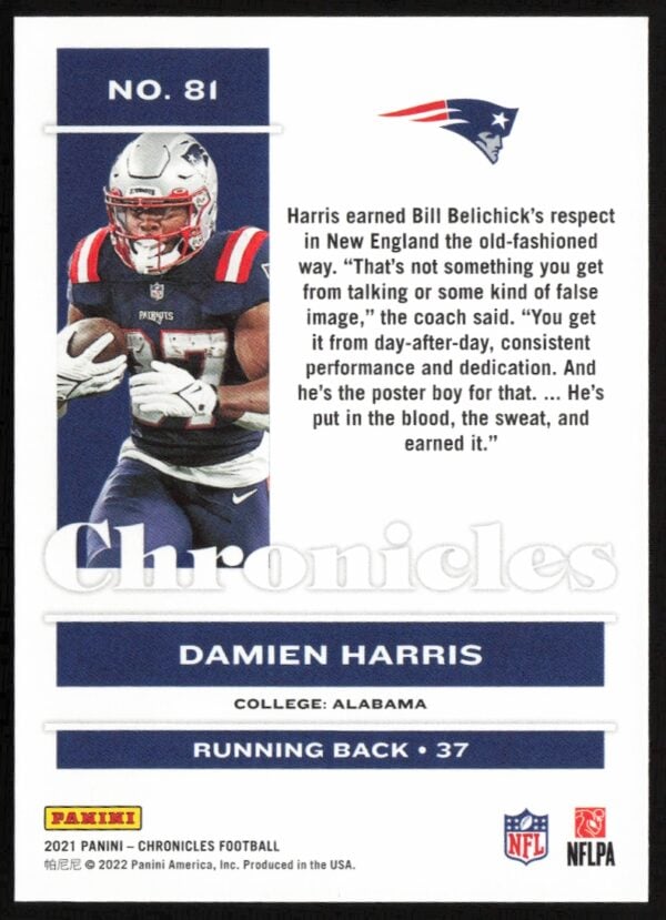 2021 Panini Chronicles Damien Harris #81 (Back)