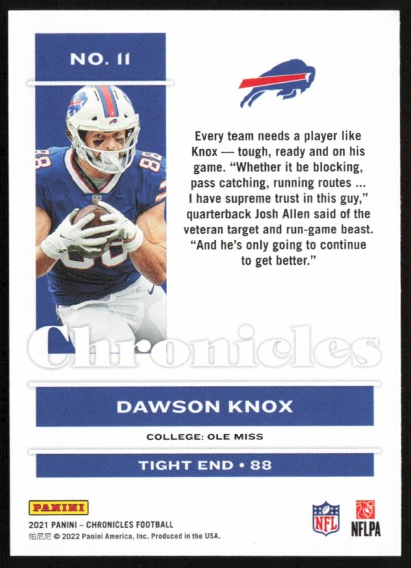 2021 Panini Chronicles Dawson Knox #11 (Back)