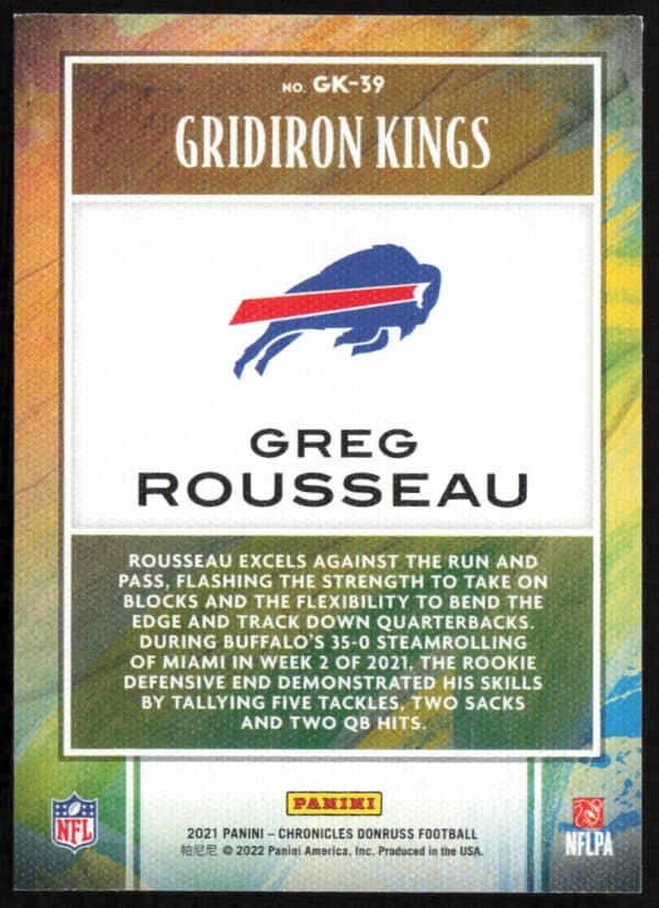2021 Panini Chronicles Greg Rousseau Gridiron Kings #GK-39 (Back)