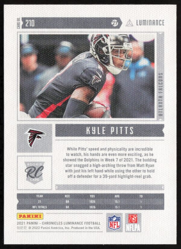 2021 Panini Chronicles Kyle Pitts Luminance Update Rookies #210 (Back)