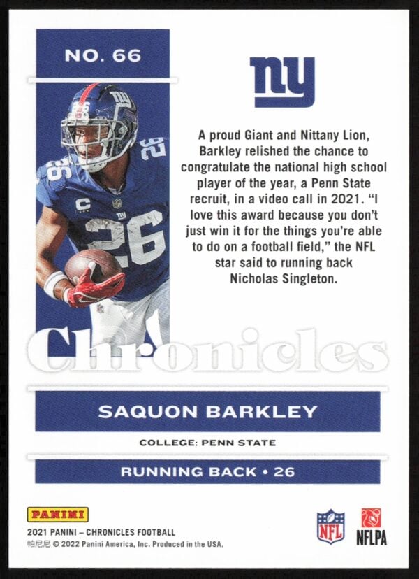 2021 Panini Chronicles Saquon Barkley #66 (Back)