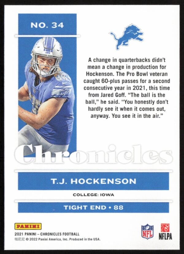 2021 Panini Chronicles T.J. Hockenson #34 (Back)