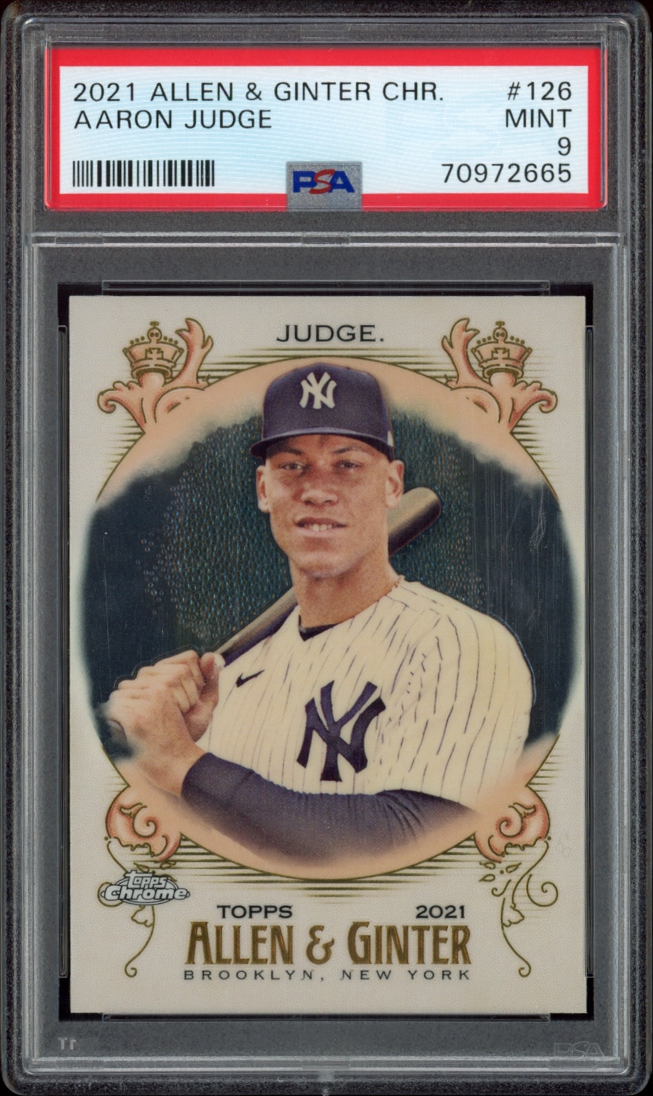 PSA 9-graded 2021 Topps Allen & Ginter Chrome baseball card featuring Yankees Aaron Judge.