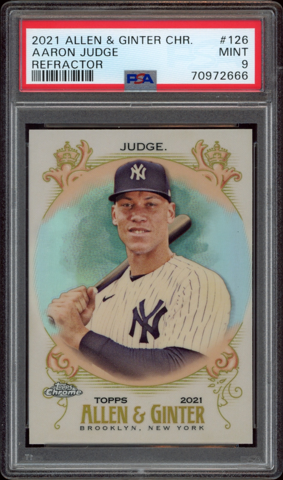 Mint 2021 Allen & Ginter Chrome card #126 featuring Yankees player Aaron Judge.