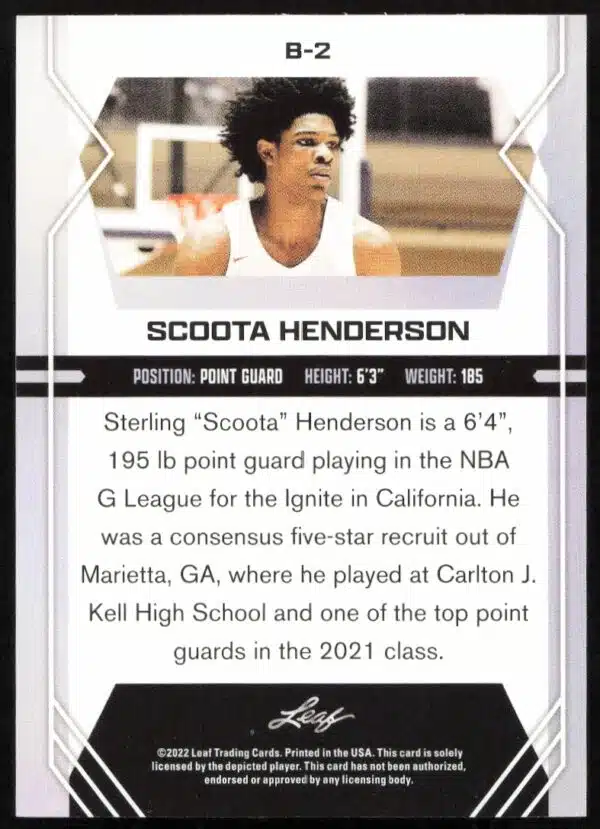 2022-23 Leaf Draft Scoota Henderson Gold #B-2 (Back)