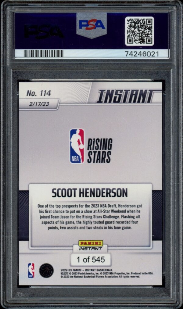 PSA-certified Scoot Hendersons 2022-23 Panini Instant NBA Rookie Showcase Card, limited edition 1 of 545.