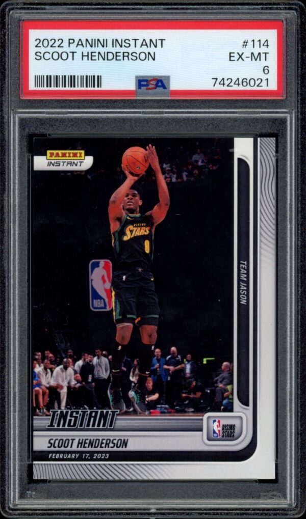 Graded 2022 Panini Instant Scoot Henderson Basketball Card in Excellent-Mint Condition.