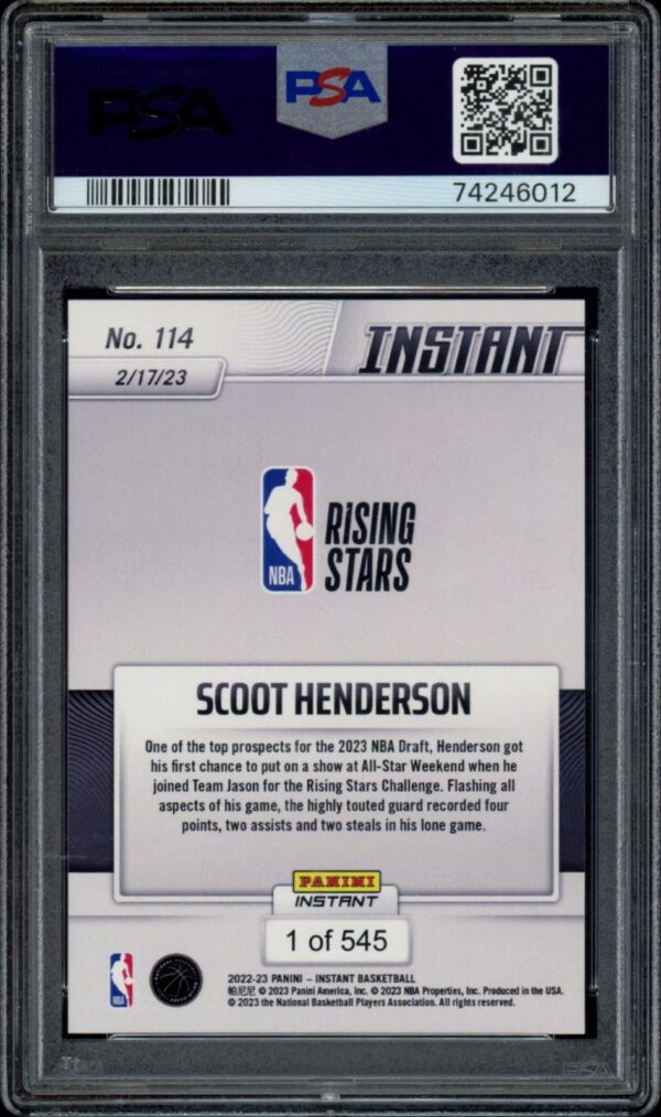 PSA-graded 2022-23 Panini Instant Rising Stars Scoot Henderson #114 trading card.