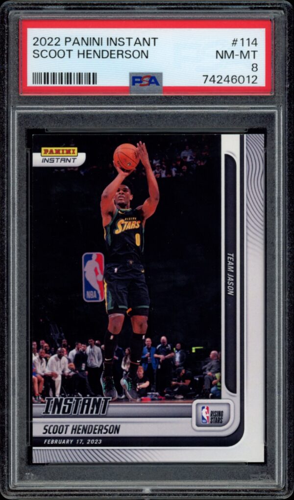 2022 Panini Instant card featuring Scoot Henderson in action, graded NM-MT 8 by PSA.