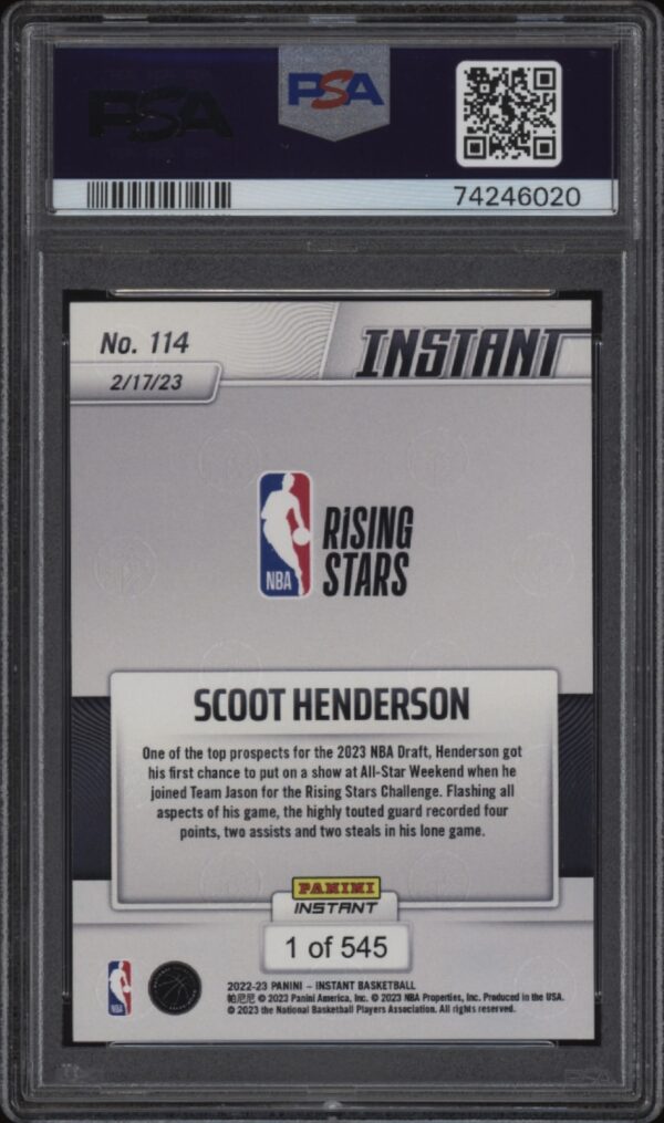 Graded PSA Scoot Henderson 2022-23 Panini Instant Rising Stars Collectible Card.