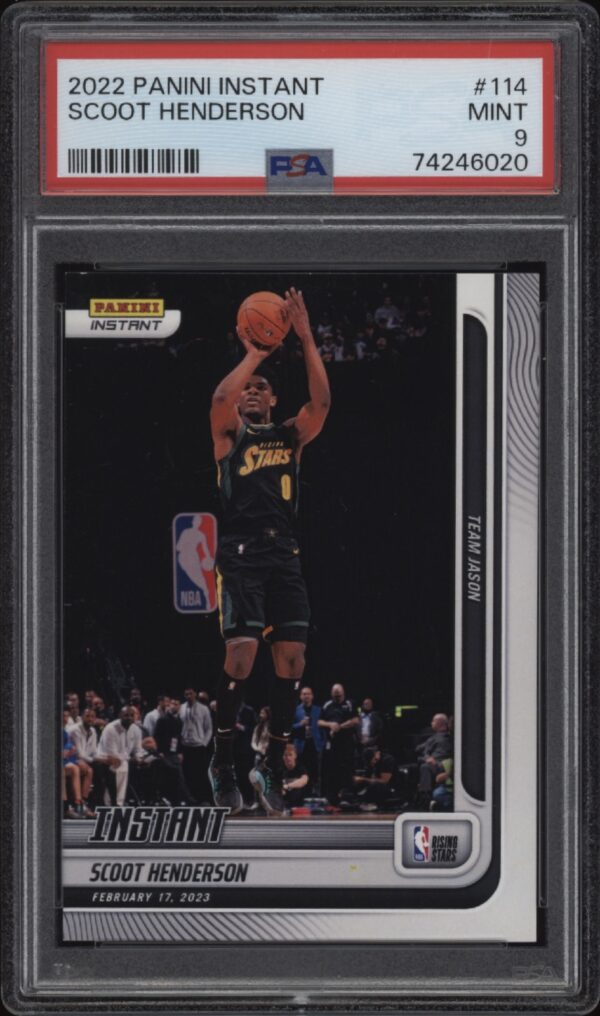 2022 Panini Instant card featuring Scoot Henderson in action, graded PSA 9 by Professional Sports Authenticator.