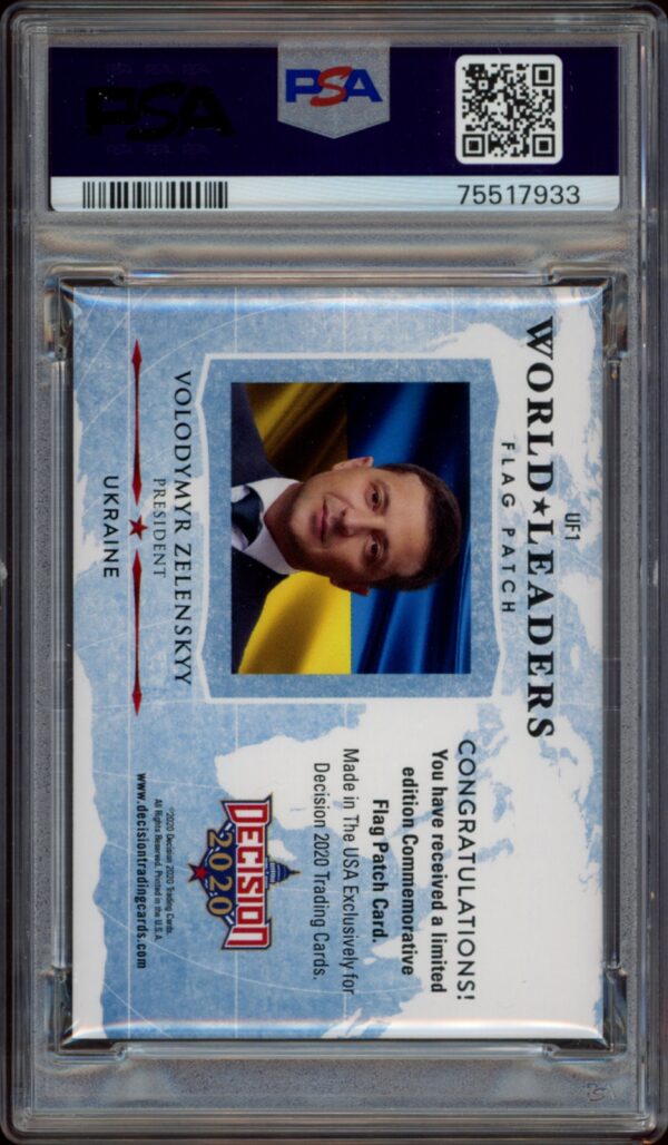 PSA-graded 2022 Leaf Decision card featuring Ukraines leader Volodymyr Zelenskyy from World Leaders series.