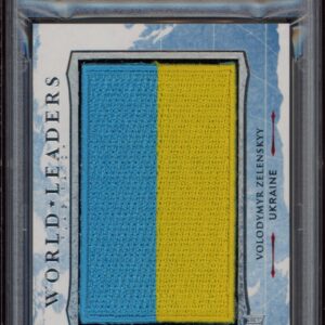 PSA 9 Leaf 2022 card featuring World Leader Zelenskyy and Ukraine flag patch.