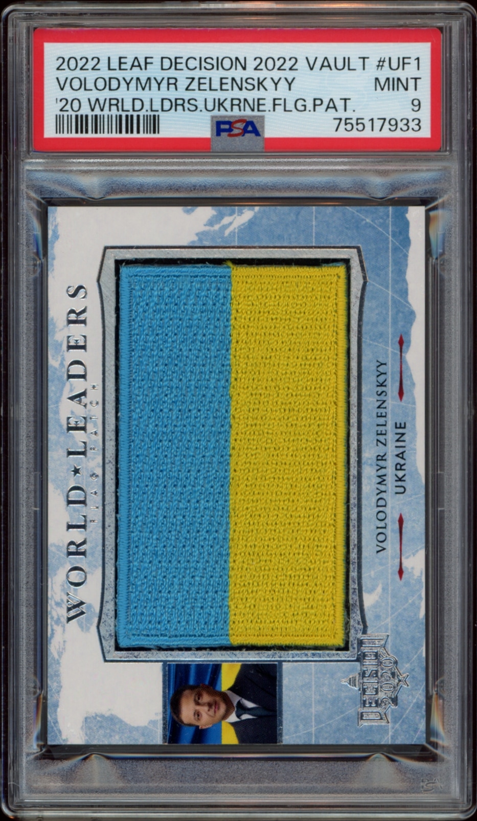 PSA 9 Leaf 2022 card featuring World Leader Zelenskyy and Ukraine flag patch.