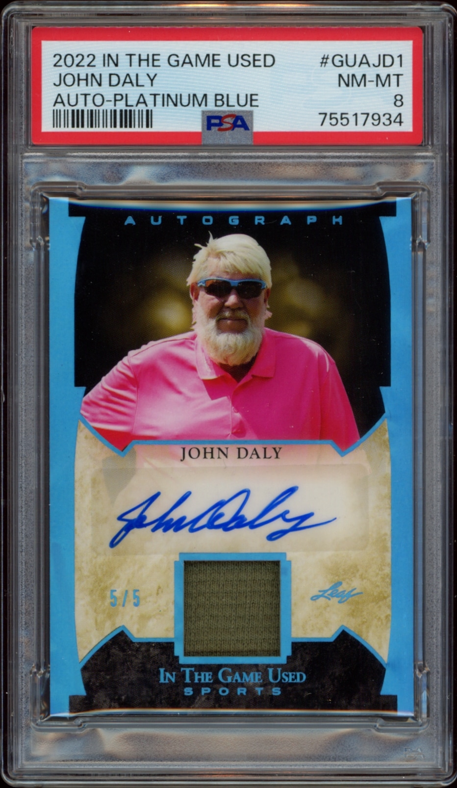 John Daly 2022 trading card with autograph and memorabilia, rated PSA 8.