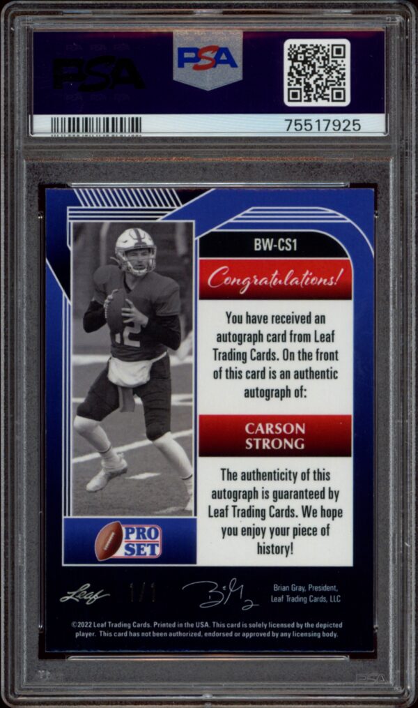 PSA 9 graded Carson Strong football card with authentic autograph from Leaf Trading Cards.