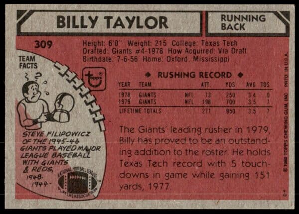 1980 Topps Billy Taylor #309 (Back)