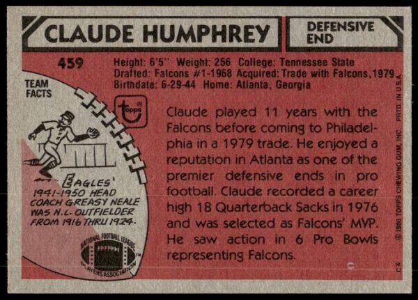 1980 Topps Claude Humphrey #459 (Back)