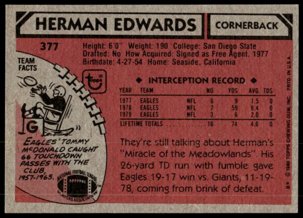 1980 Topps Herman Edwards #377 (Back)