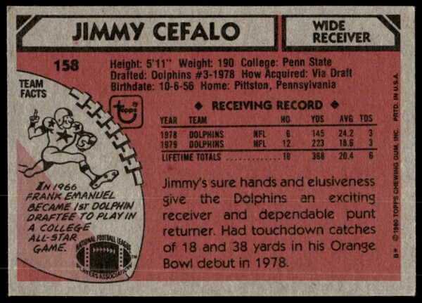 1980 Topps Jimmy Cefalo #158 (Back)