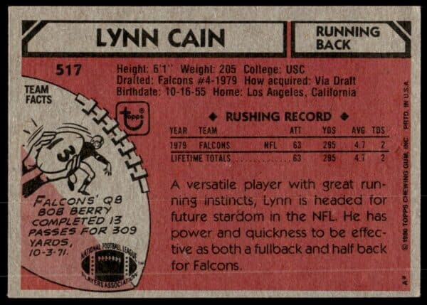 1980 Topps Lynn Cain #517 (Back)