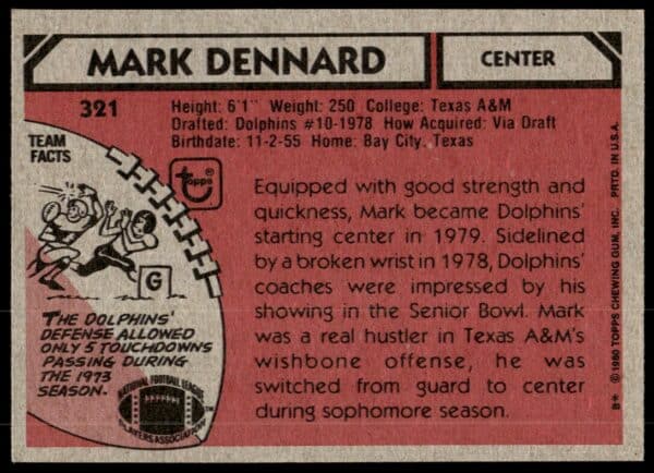 1980 Topps Mark Dennard #321 (Back)