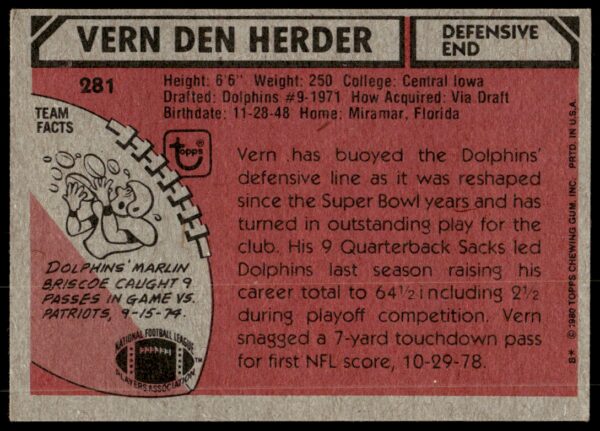 1980 Topps Vern Den Herder #281 (Back)