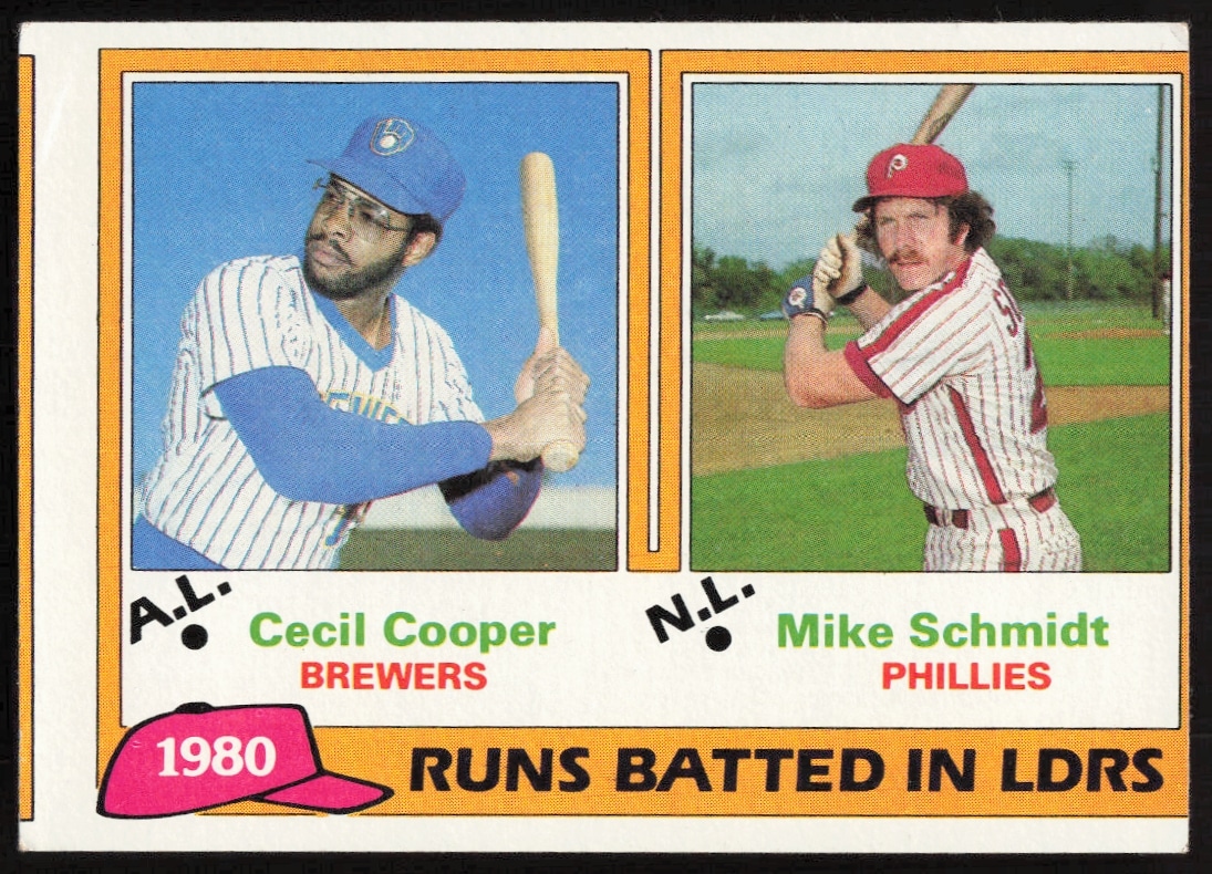 1981 Topps Cecil Cooper / Mike Schmidt League Leaders #3 (Front)