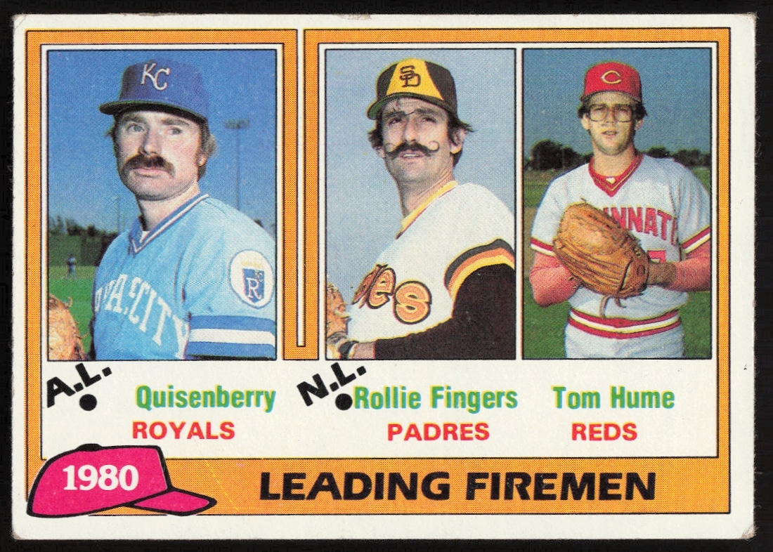 1981 Topps Dan Quisenberry / Rollie Fingers / Tom Hume League Leaders #8 (Front)
