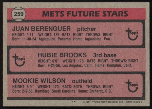 1981 Topps Juan Berenguer / Hubie Brooks / Mookie Wilson Future Stars #259 (Back)