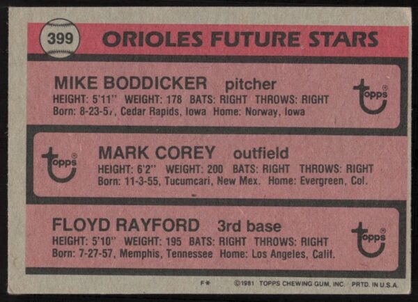 1981 Topps Mike Boddicker / Mark Corey / Floyd Rayford RC Future Stars #399 (Back)