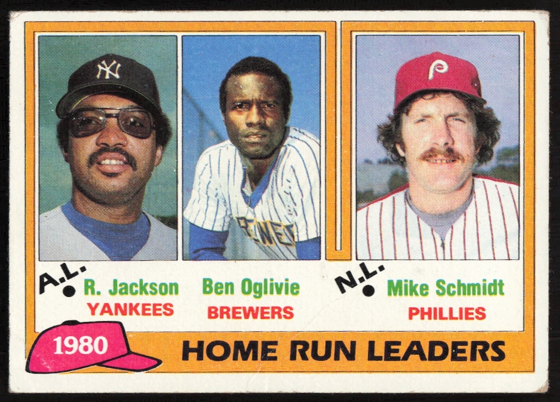 1981 Topps Rickey Henderson / Ben Oglivie / Mike Schmidt League Leaders #2 (Front)