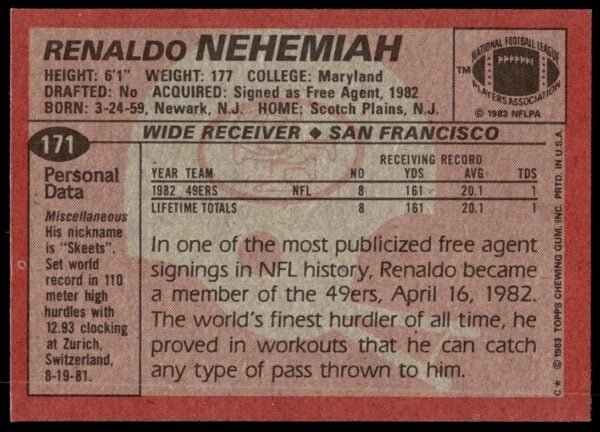 1983 Topps Renaldo Nehemiah #171 (Back)