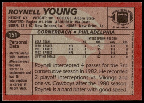 1983 Topps Roynell Young #151 (Back)