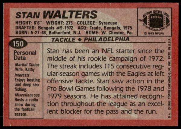 1983 Topps Stan Walters #150 (Back)