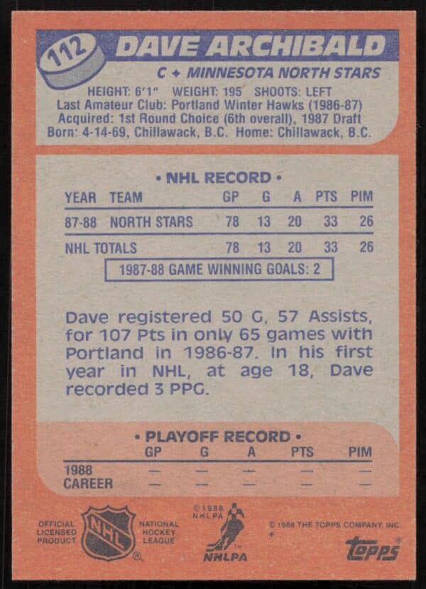 1988-89 Topps Dave Archibald #112 (Back)