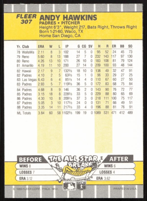 1989 Fleer Andy Hawkins #307 (Back)