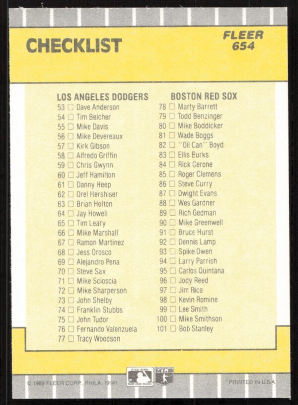 1989 Fleer Checklist: A's / Mets / Dodgers / Red Sox #654 (Back)