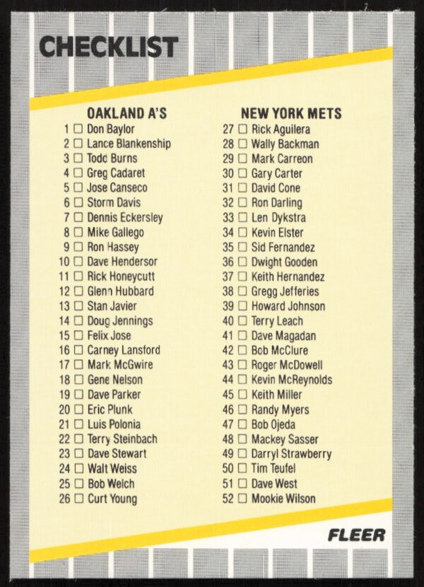 1989 Fleer Checklist: A's / Mets / Dodgers / Red Sox #654 (Front)