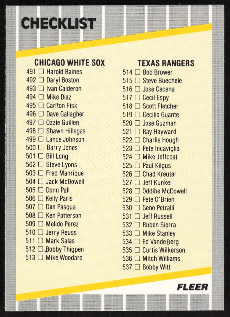 1989 Fleer Checklist: White Sox / Rangers / Mariners / Phillies CL